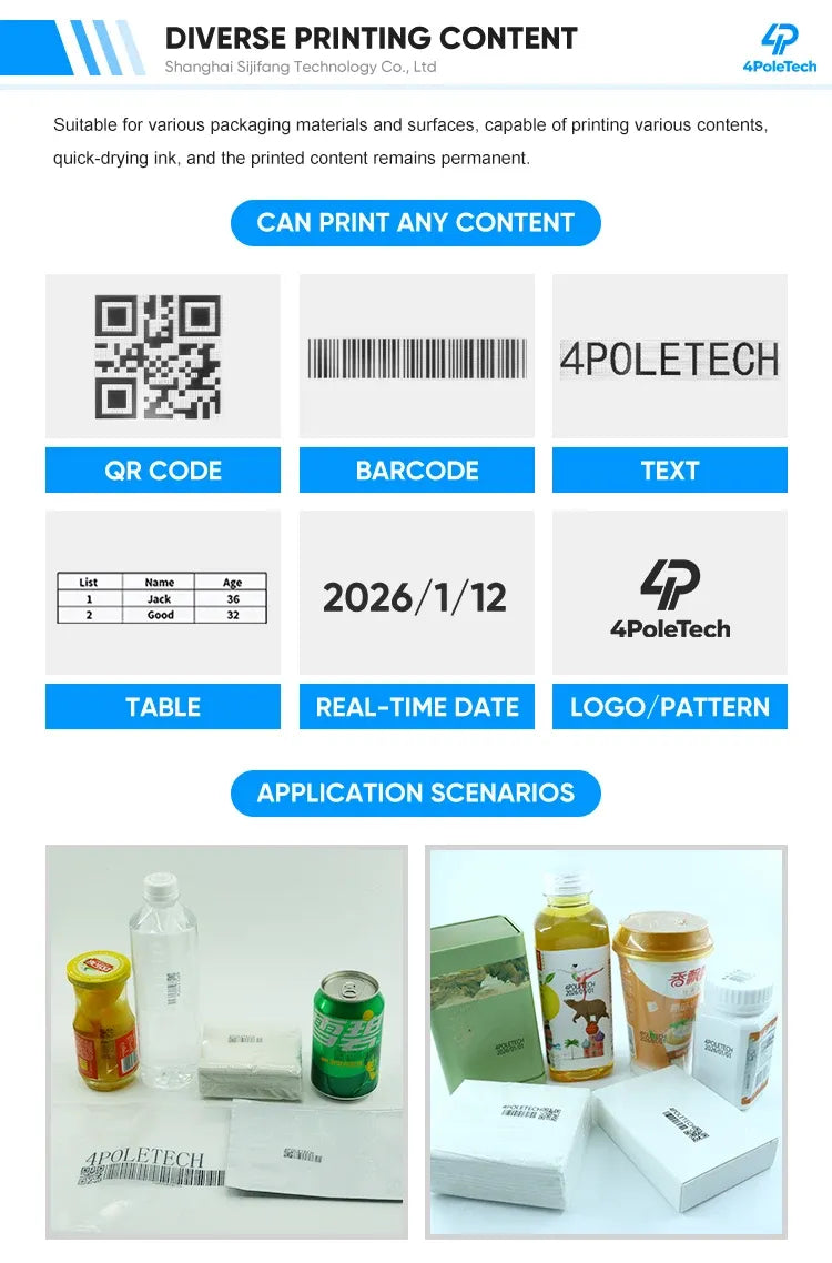 Inkjet coding printer printing examples with QR code, barcode, text, and real-time date