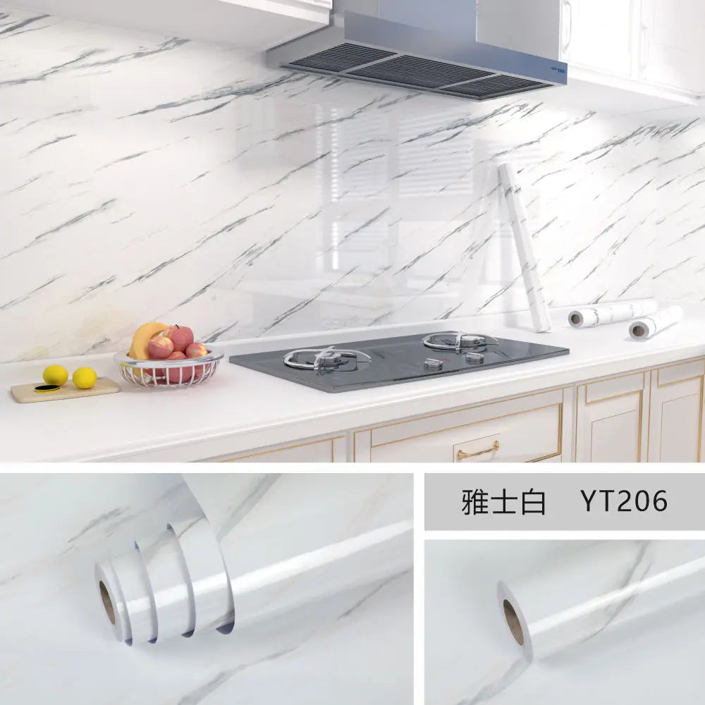 Self-adhesive marble-pattern wallpaper for kitchen cabinets, white with gray veining