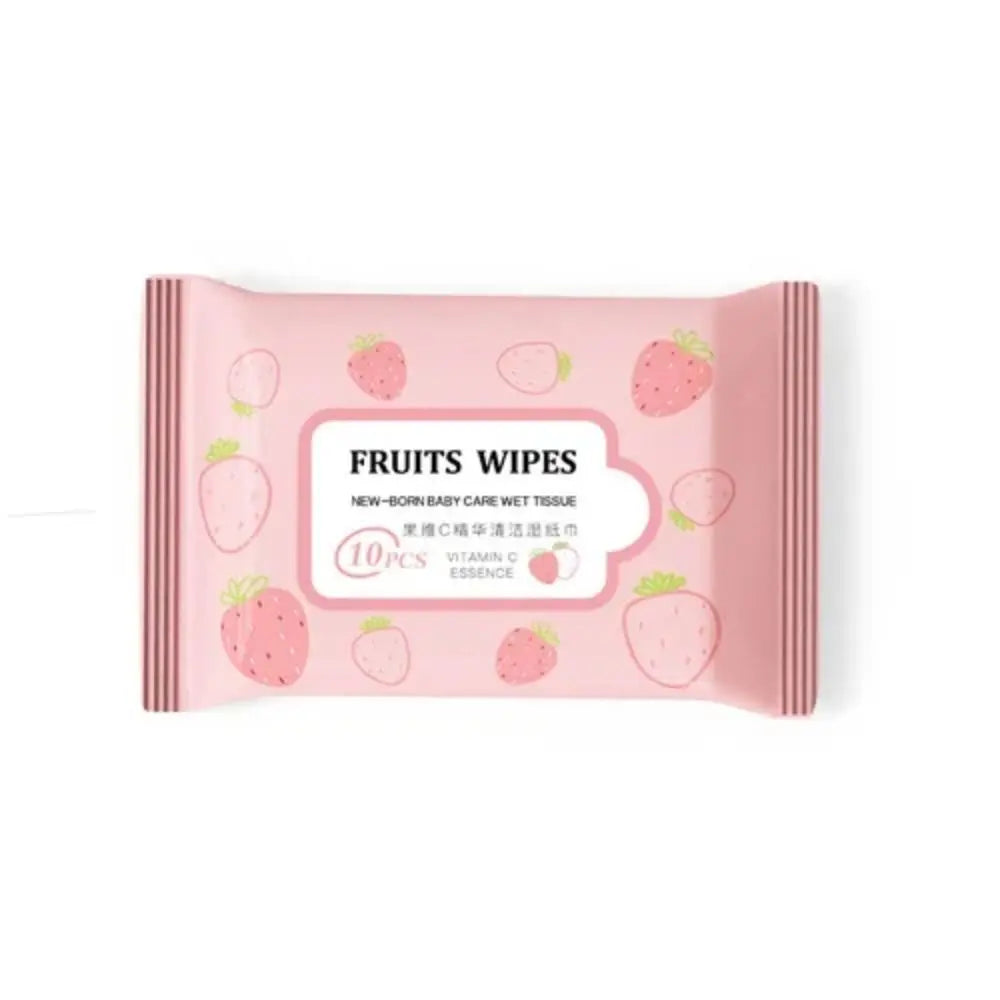 Strawberry-patterned baby care wet wipes, 10-count pack with Vitamin C essence for newborn skin.