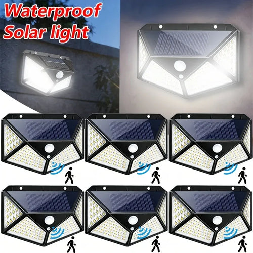 6-pack black solar wall lights with solar panel, LED arrays, and circular motion sensor