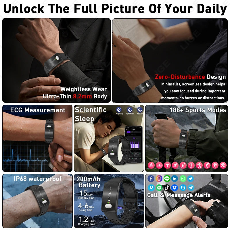 LIGE ECG HRV Health Smart Bracelet Heart Rate Blood Pressure Monitoring Body Fat BMI Body Temperature Fitness Tracker Smartwatch