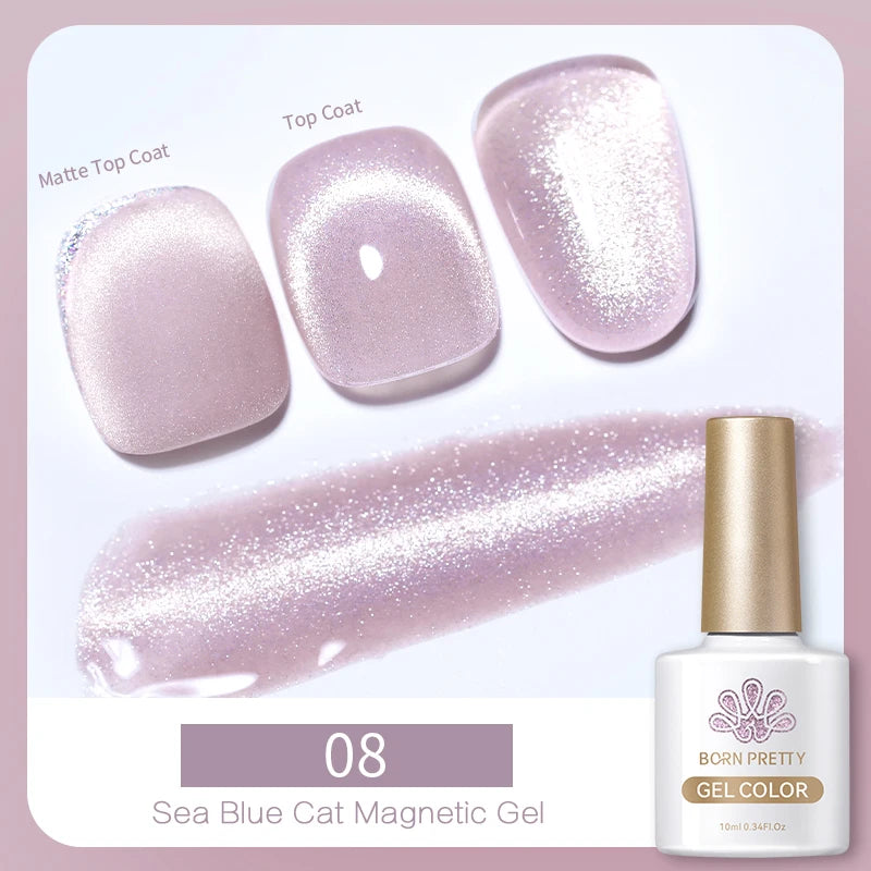 Shimmering light purple magnetic gel nail polish in a 10ml bottle with nail swatches showing matte and glossy finishes.