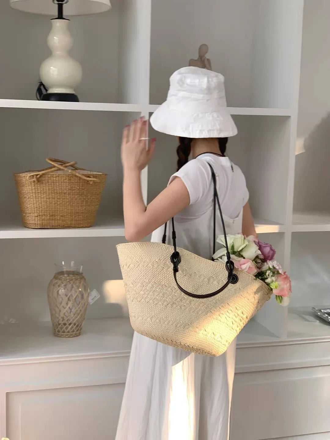2026 New Handmade Raffia Straw Bohemian Woven Crochet Tote Shoulder Bag Women Summer Beach Holiday Brown Palm Leaf Basket