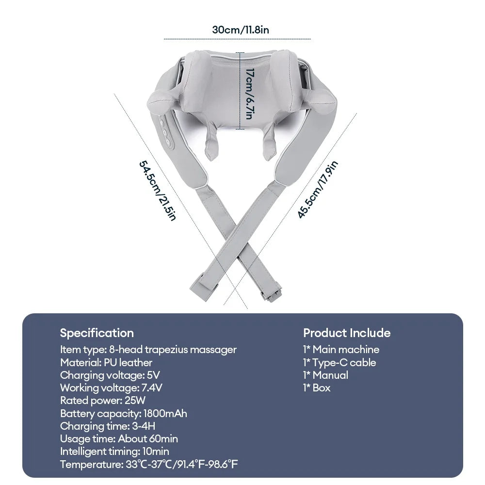 Wireless Neck and Shoulder Massager - 8-Head Deep Tissue Shiatsu Back Massage Instrument Tidesmit