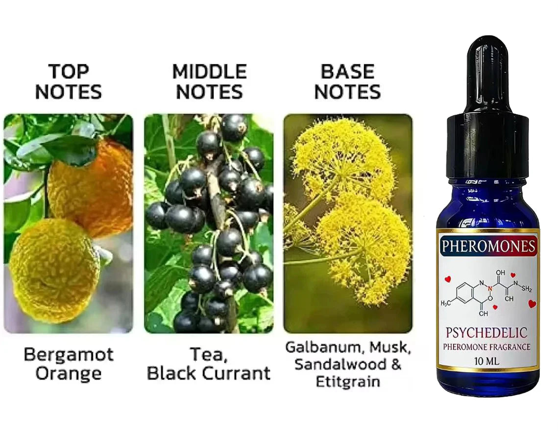 Psychedelic pheromone oil for men in a blue dropper bottle. Notes: bergamot, tea, black currant, musk, sandalwood.