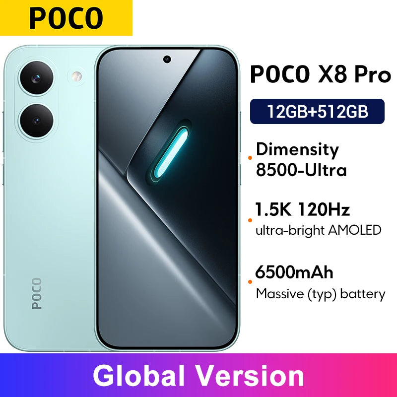 POCO X8 Pro smartphone, light blue, 1.5K 120Hz AMOLED, Dimensity 8500-Ultra, 6500mAh battery, dual camera, front-back.