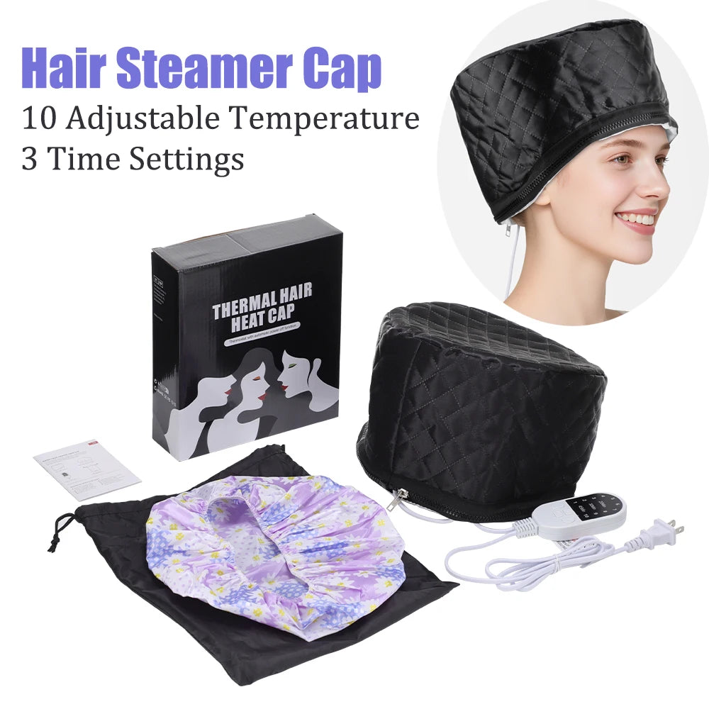 Black quilted electric hair steamer cap with 10 heat levels, 3 timers, floral shower cap, and remote controller.