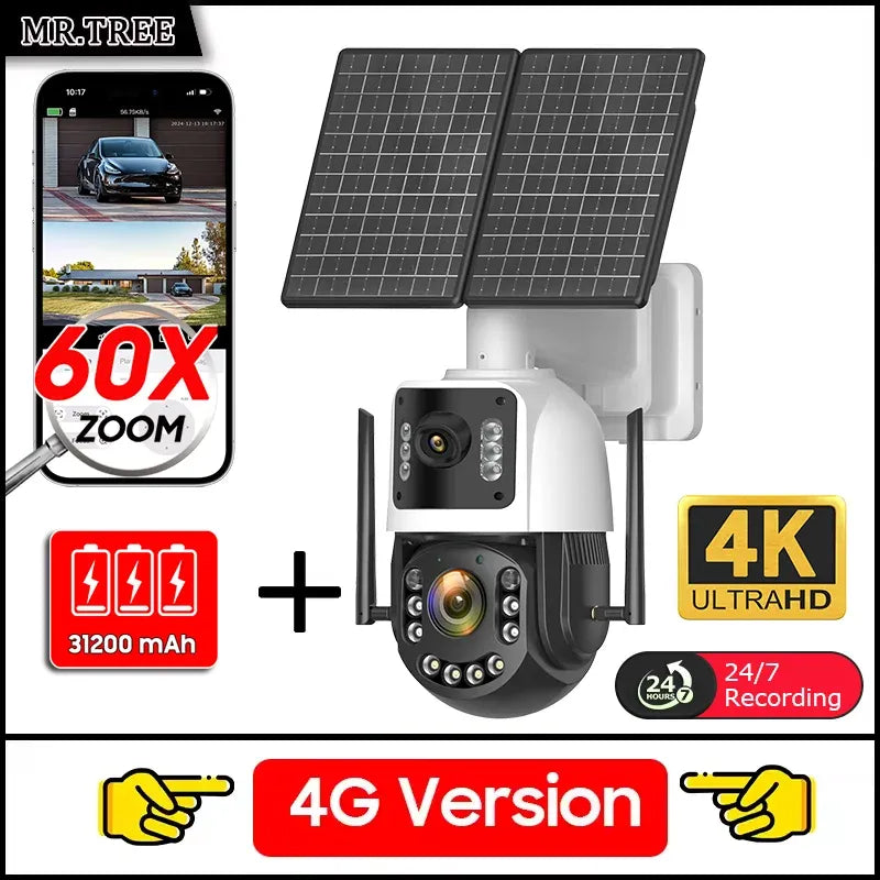 MR.TREE 4G solar security camera kit with dual solar panels and 31200 mAh battery