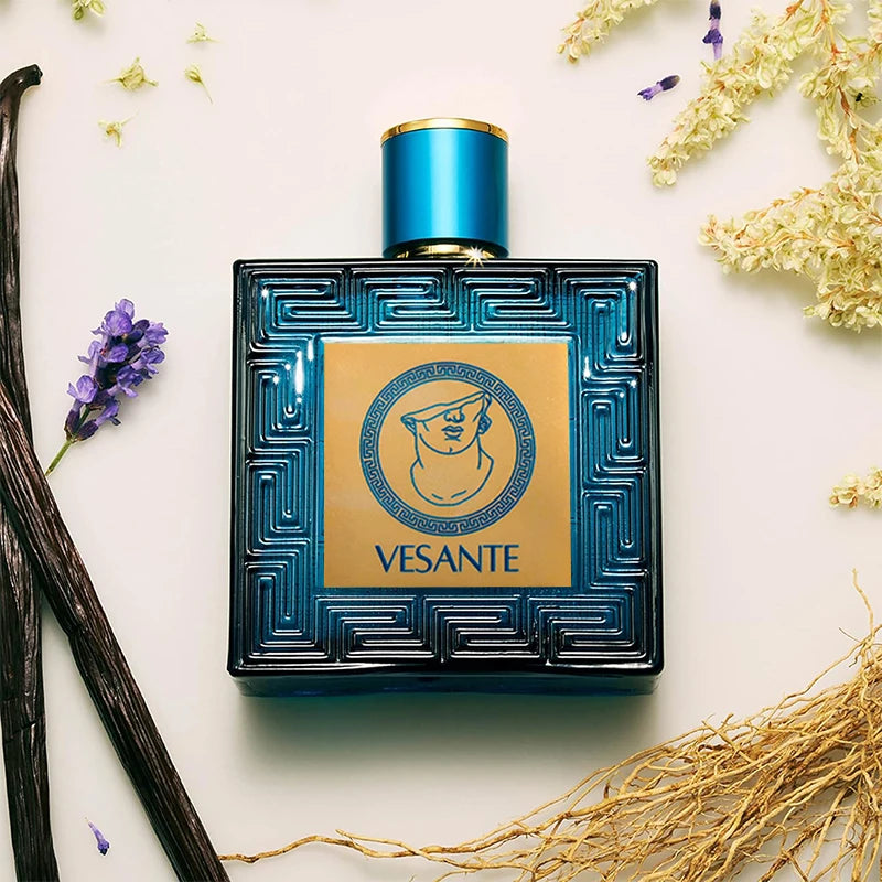 Vesante Vintage Heros 3.4oz men's fruity aromatic Eau De Cologne in a square blue glass bottle with Greek key design.