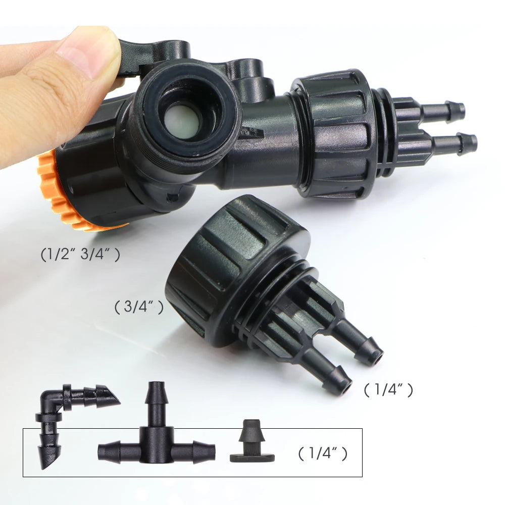 Black drip irrigation connectors with 1/4 in, 3/4 in, and 1/2 in outlet fittings