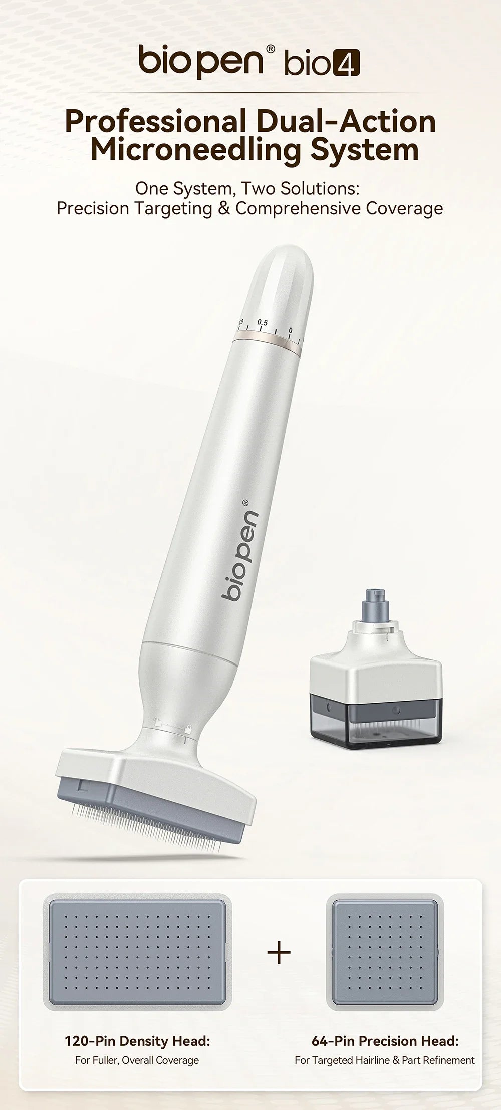 Biopen Bio 4 dual-head microneedling pen with replaceable 120-pin and 64-pin derma stamp heads for hair growth.