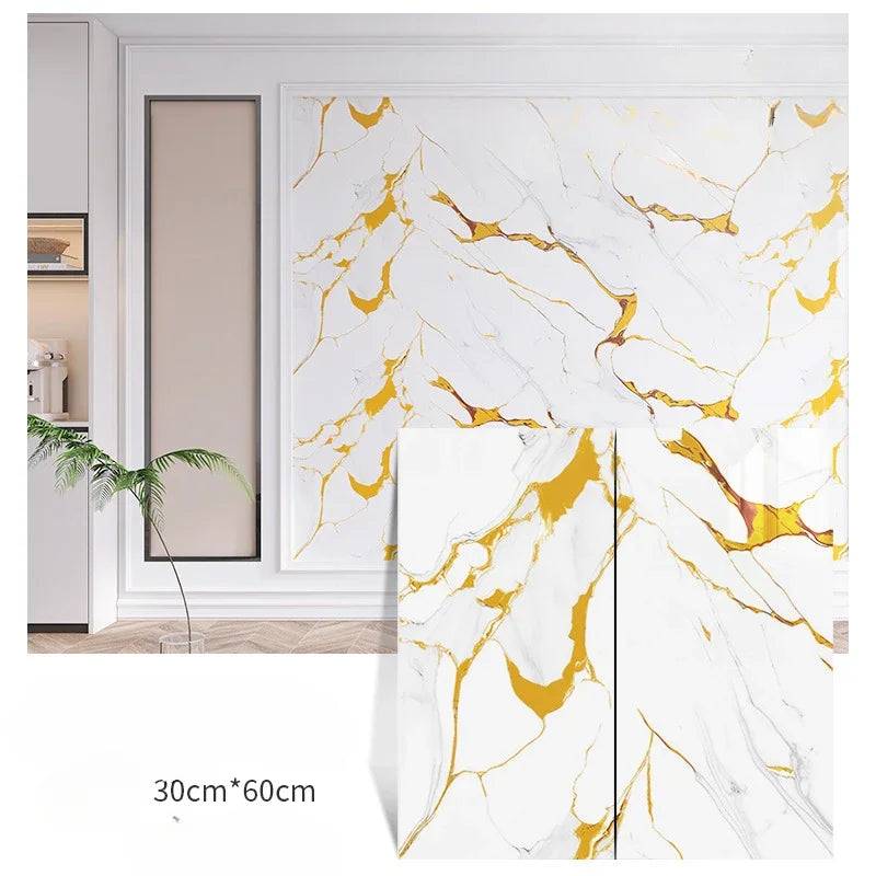 Self-adhesive marble-pattern wall sticker set, white marble with bold gold veining, 3-panel