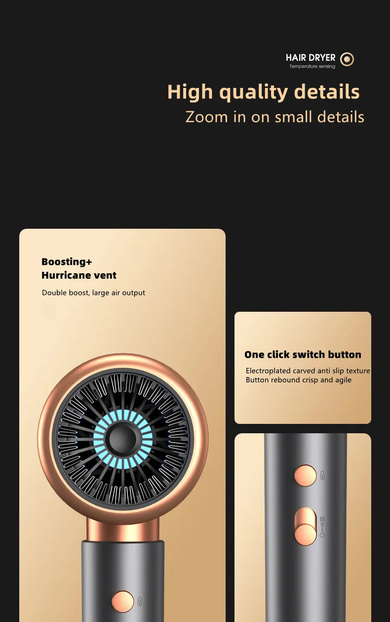 2400W high-speed hair dryer with blue light, negative ions, copper-gold accents, and anti-slip button controls.