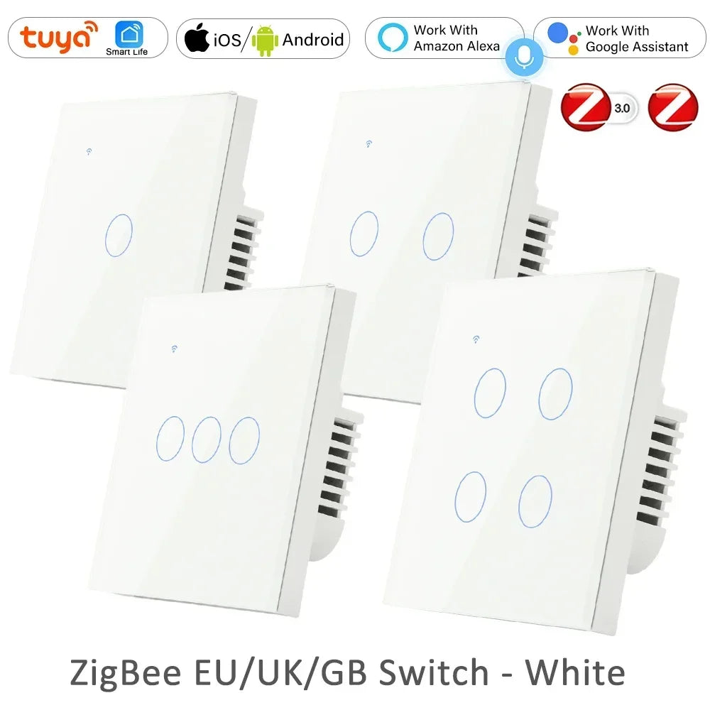 ZigBee 1 2 3 4 Gang with No Neutral Smart Touch Light Switch EU Europe UK Wall Button Tuya Power 2 3 Way Alexa Smart Home Voice