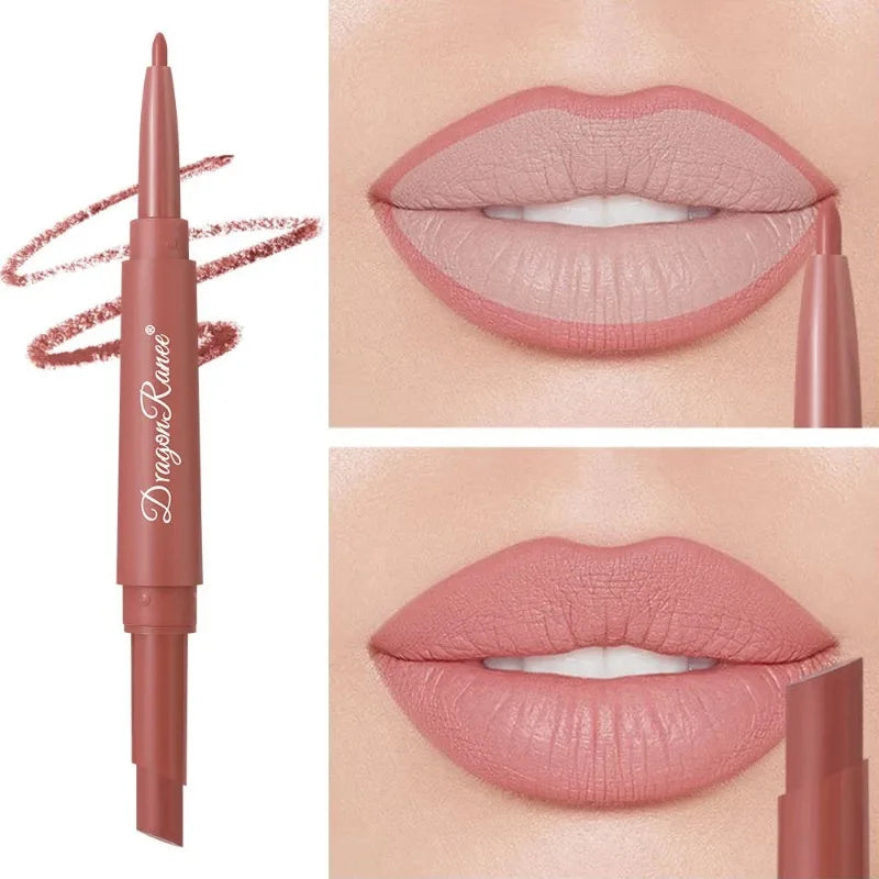 Dual-ended waterproof rose red lip liner and matte lipstick for a long-lasting, smooth nude lip makeup look.