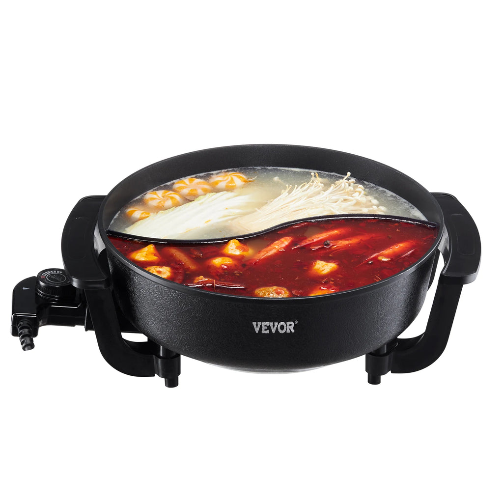 Electric hot pot with glass lid, black nonstick pot, and side handles