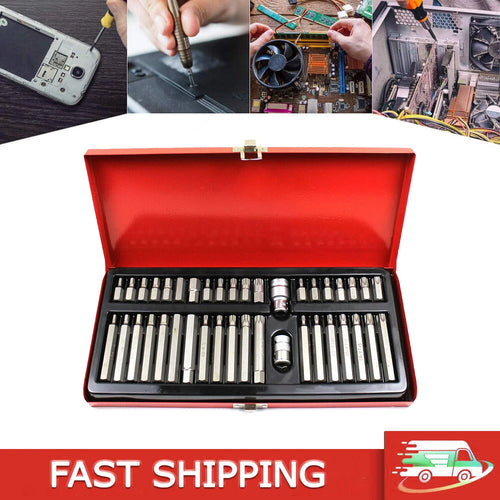 Red hinged tool case holding rows of chrome sockets and bit ratchet wrenches