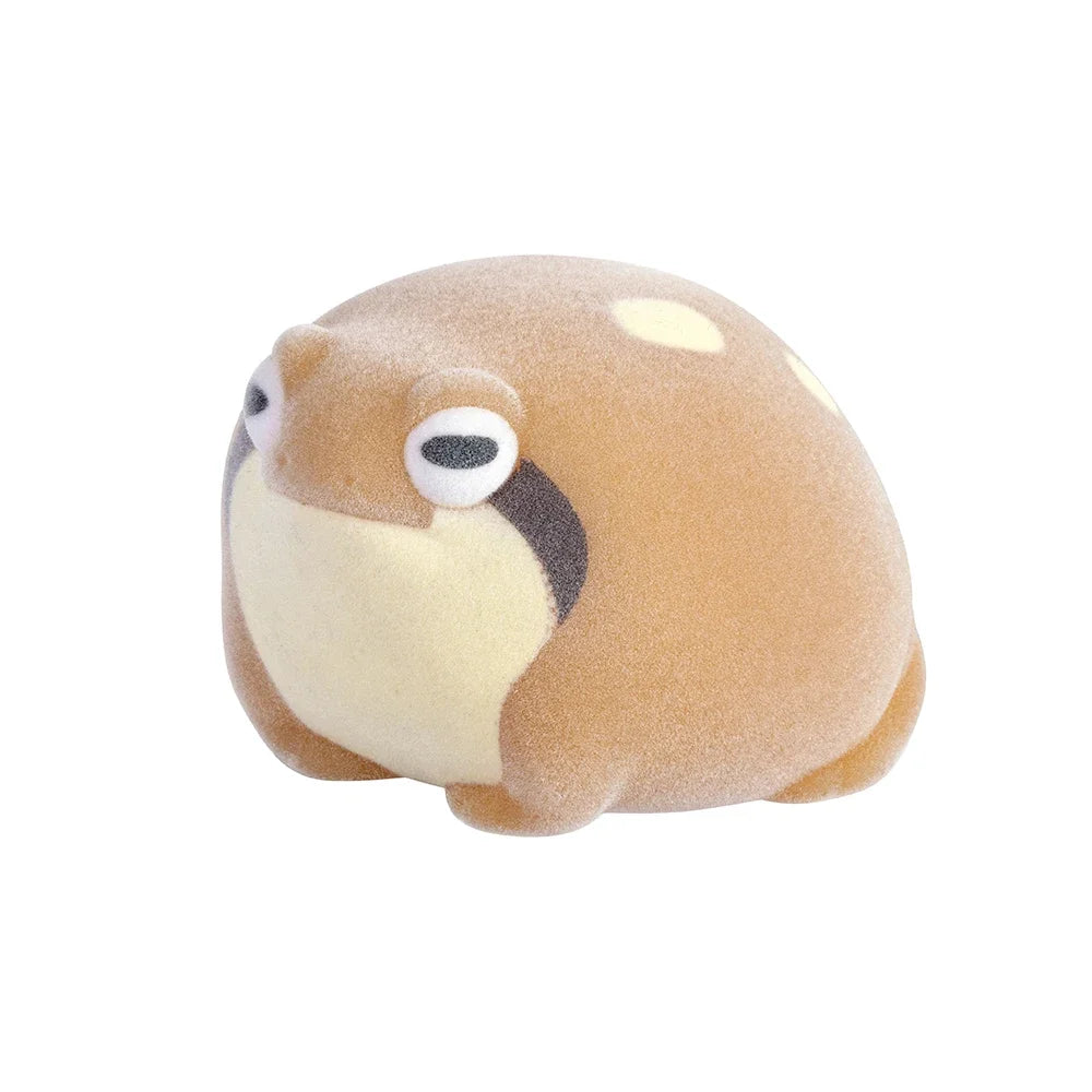 Cute tan flocked rain frog soft squeeze toy for kids and pet lovers. Kawaii collectible capsule figure for stress relief.
