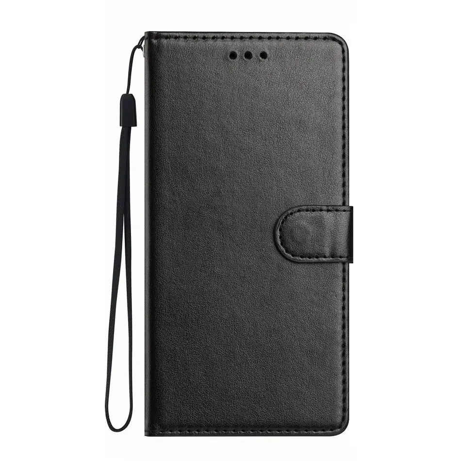 Black leather-style wallet phone case with a magnetic closure and detachable wrist strap.