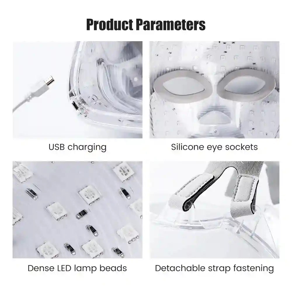 Four close-ups of a clear LED facial mask showing a USB charger, silicone eye inserts, LED beads, and velcro straps.