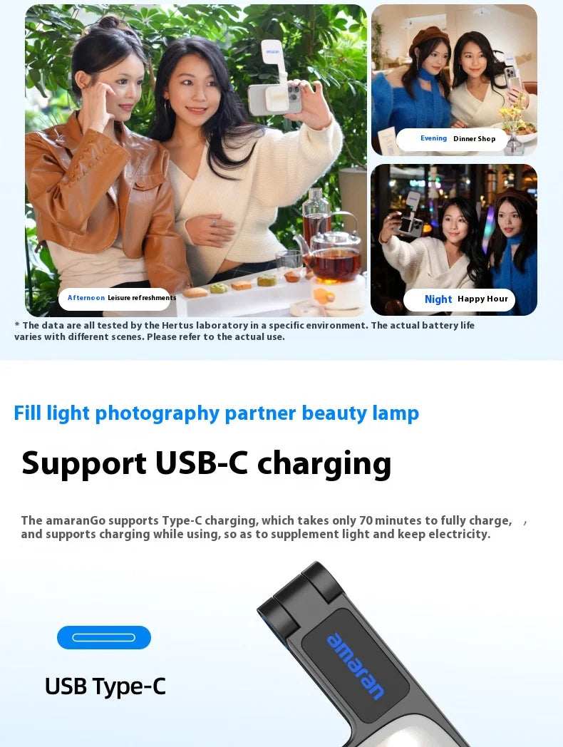 Small, foldable, white LED phone light attached to a smartphone for portable, USB-C rechargeable photography lighting.