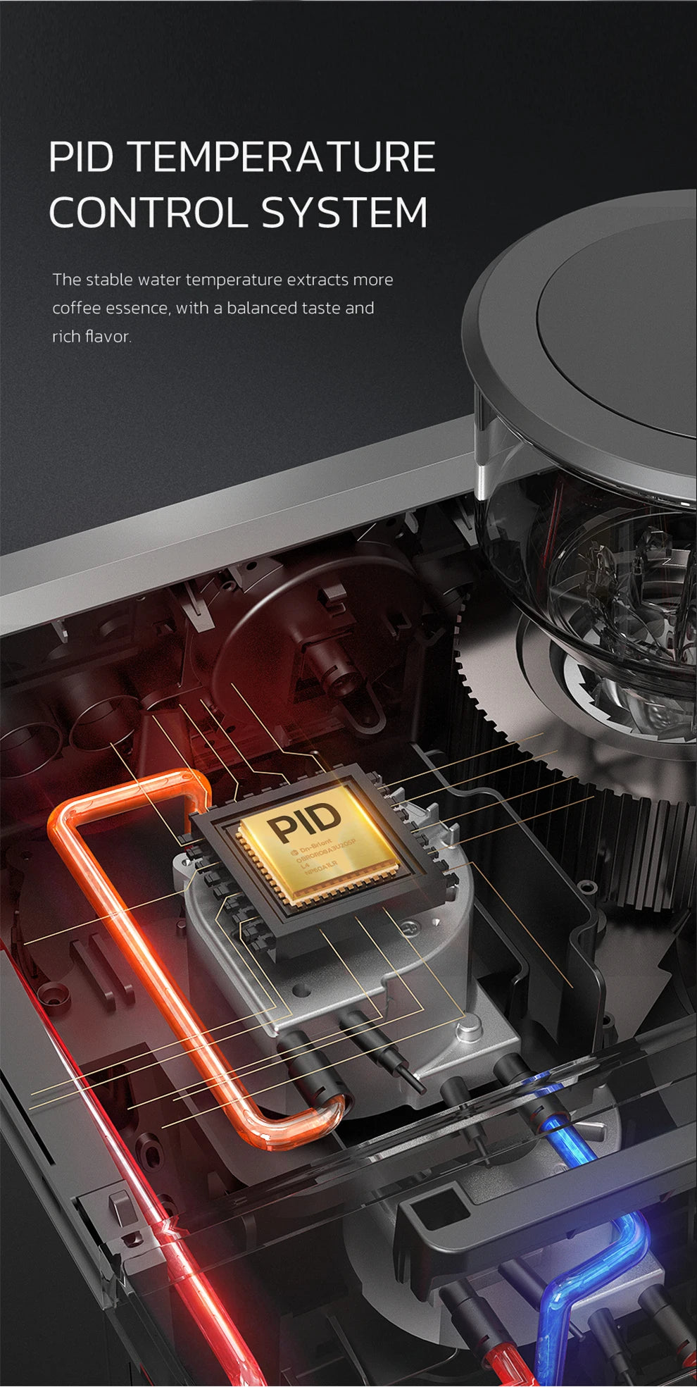 Espresso machine internal view showing PID temperature control chip, heating elements, and stainless steel components.