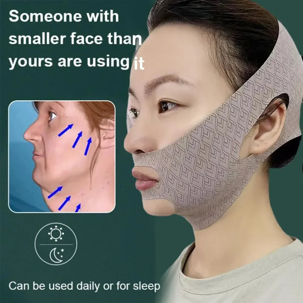 Person wearing a beige, patterned V-line face slimming bandage with cutouts for ears and chin.