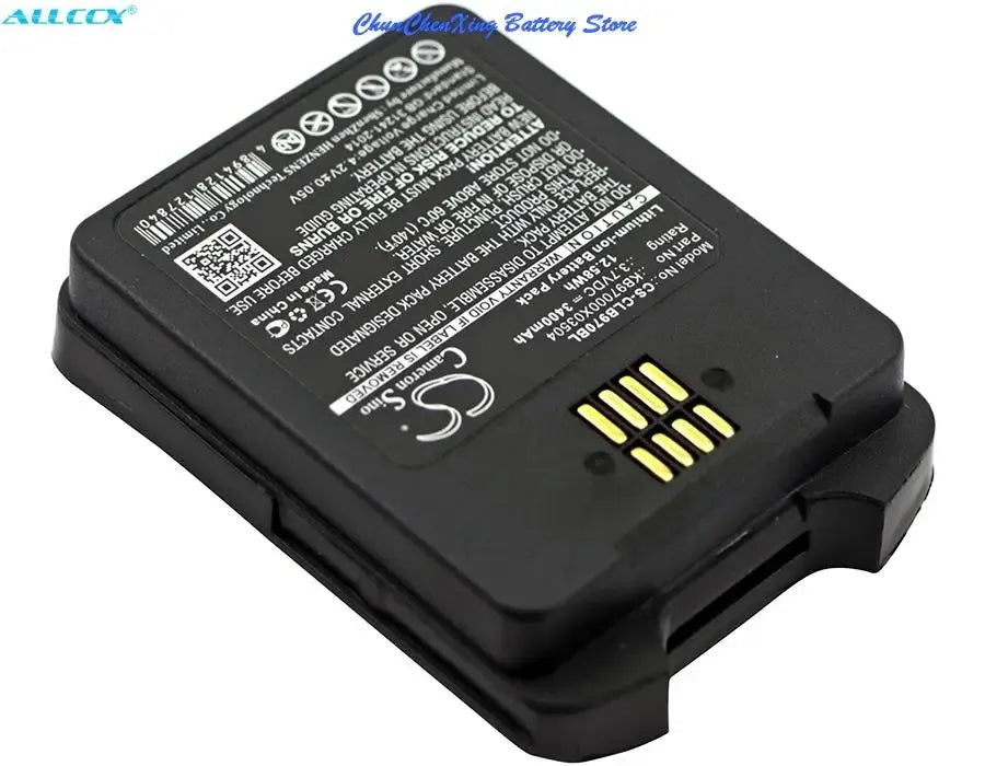 Barcode scanner battery label side with gold contacts and corner latch