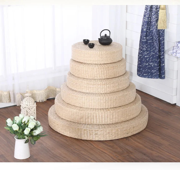 Round Woven Rush Cushion Meditation Zafu Yoga Mat for Floor Tatami Kneeling Tea Ceremony Zen Window Seat