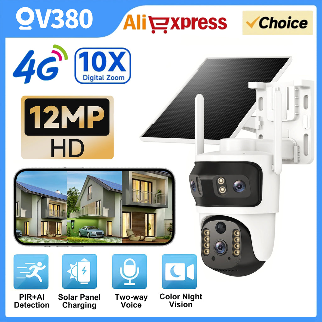 V380 Security Camera 3 Lens 12MP HD 4G Wireless Outdoor Automatic Tracking Humanoid PIR AI Detection 10000mAh PTZ Camera