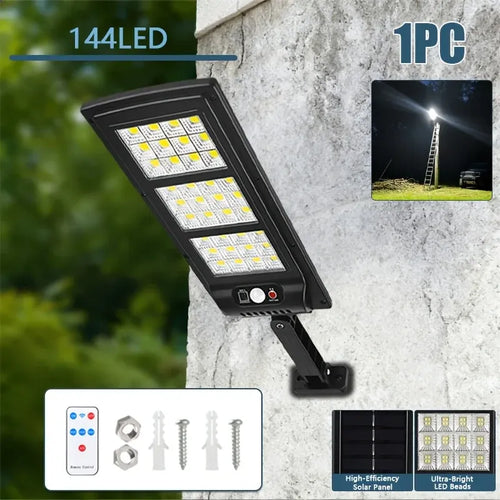 Solar wall-mounted LED street light with multiple light rows and IR sensor dome.