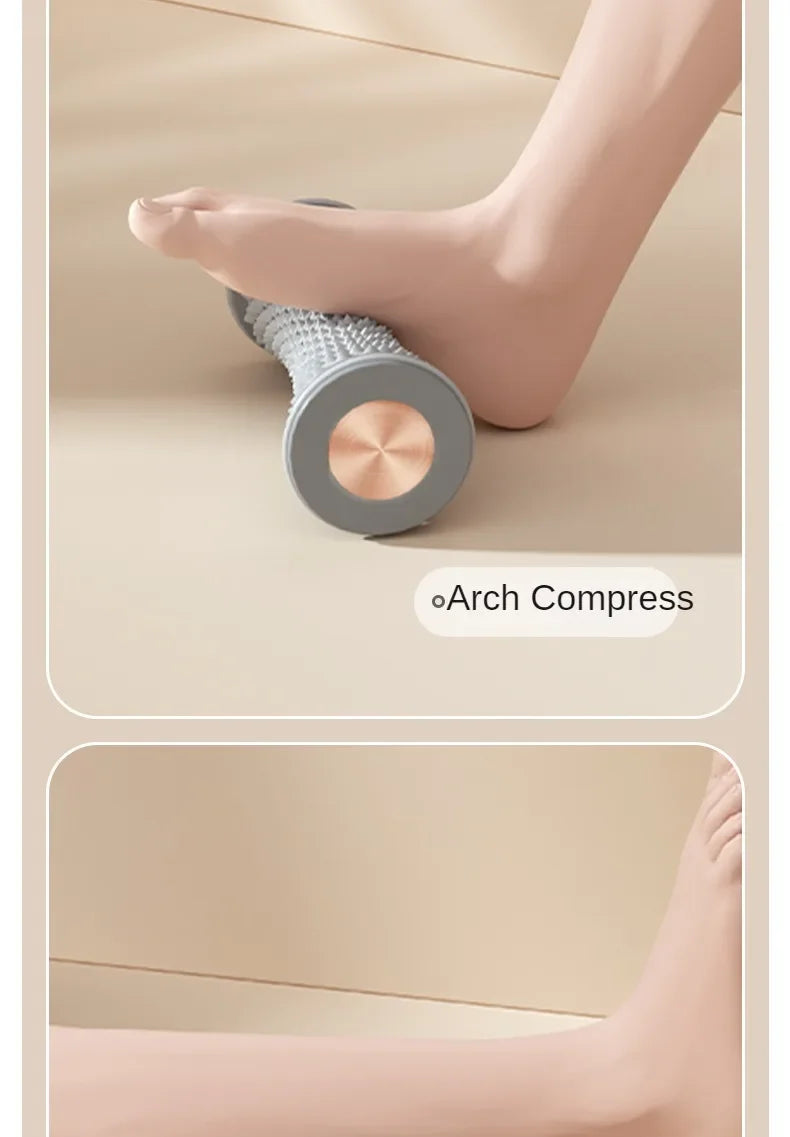 Grey manual foot massage roller for plantar fasciitis relief, featuring textured surface and arch compression design.