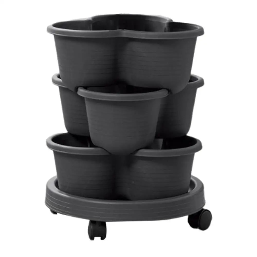 Stacked 3-tier dark planter pots with rolling base and integrated drainage columns