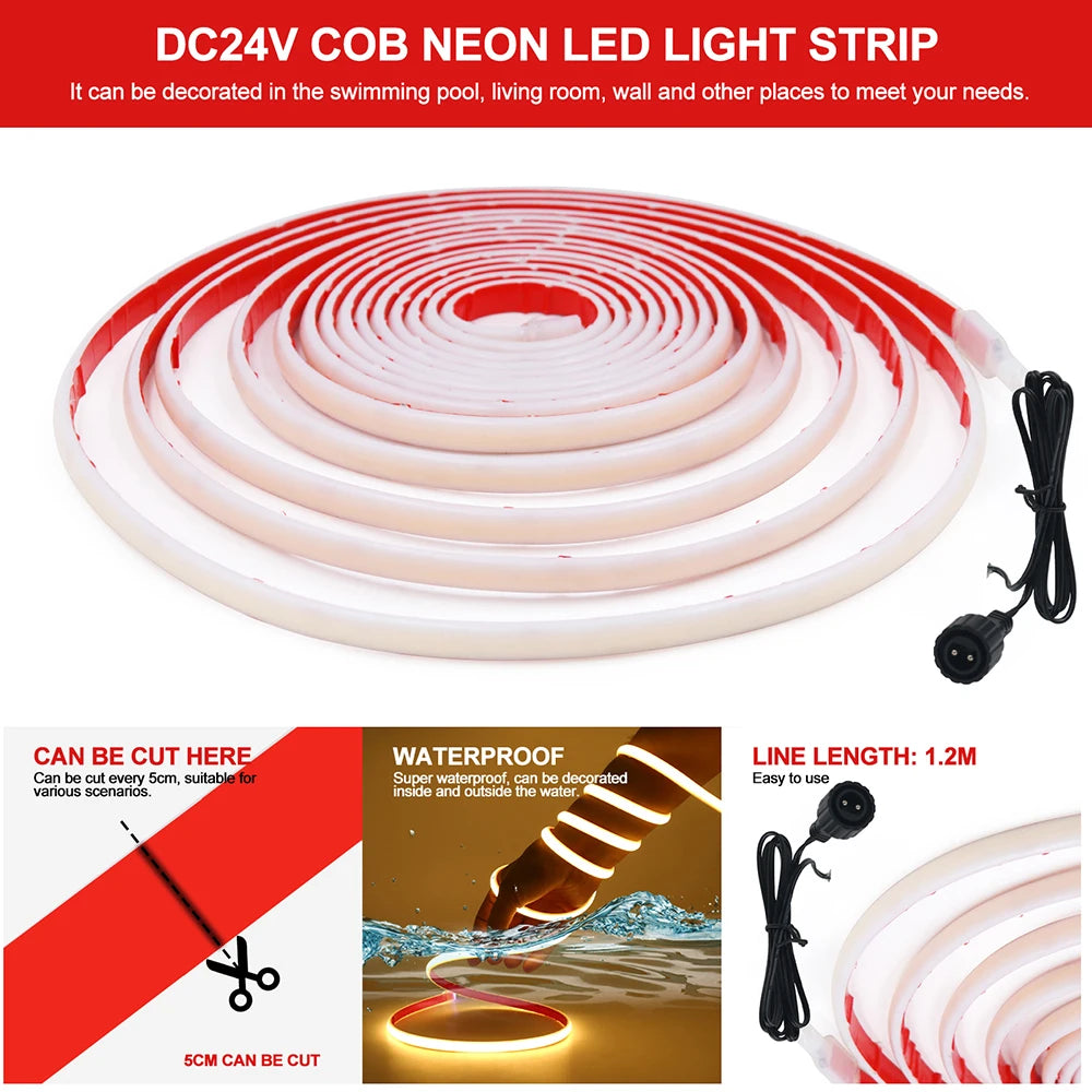 Solar Neon Light Strip 24V COB Waterproof IP68 Red Green Blue Warm Natural White 320LEDs/m Flexible High Density Linear Lighting