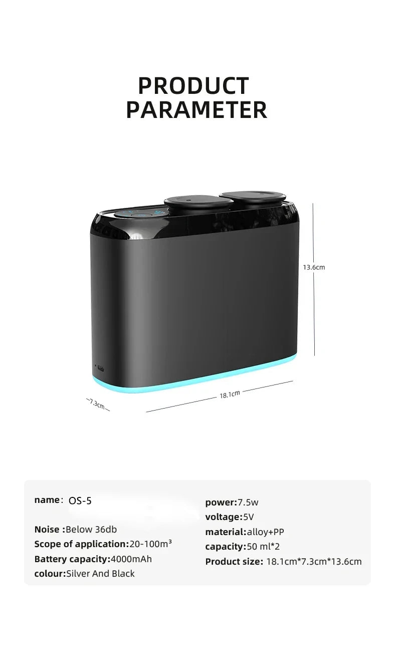 Rechargeable Aroma Diffuser Bluetooth Waterless Essential Oil Diffuser Home Freshener Device Double Head Aromatherapy Diffuser