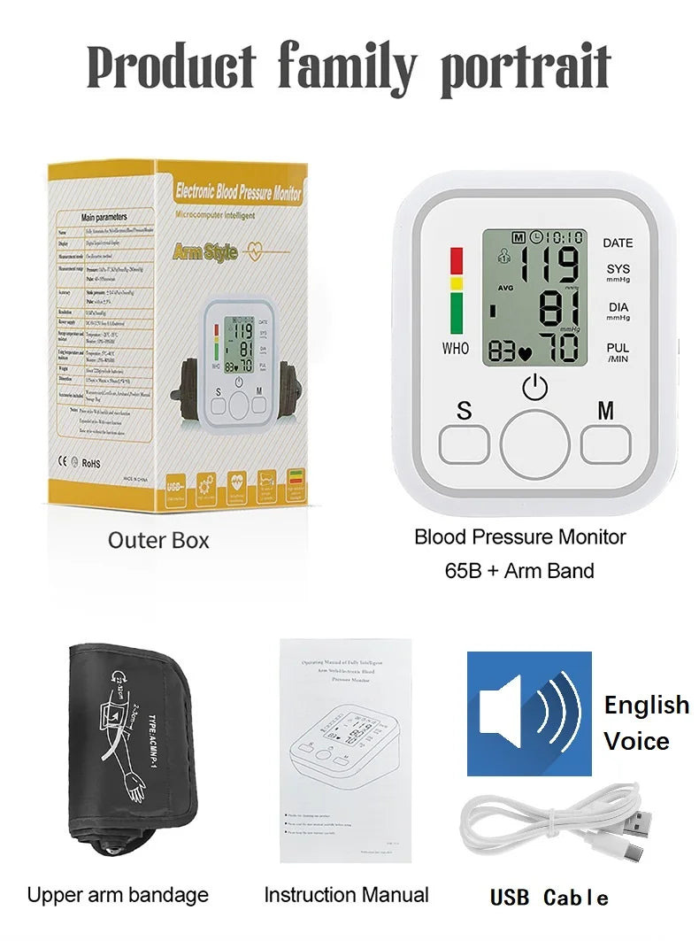Digital Blood Pressure Meter Medical Voice Arm BP Sphygmomanometer Automatic Tonometer Tensiometer Pulse Heart Rate Health Meter