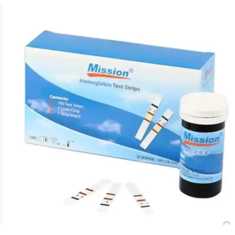 Mission Hemoglobin test strips kit with 100 test papers, storage vial, and blue box for home anemia monitoring.