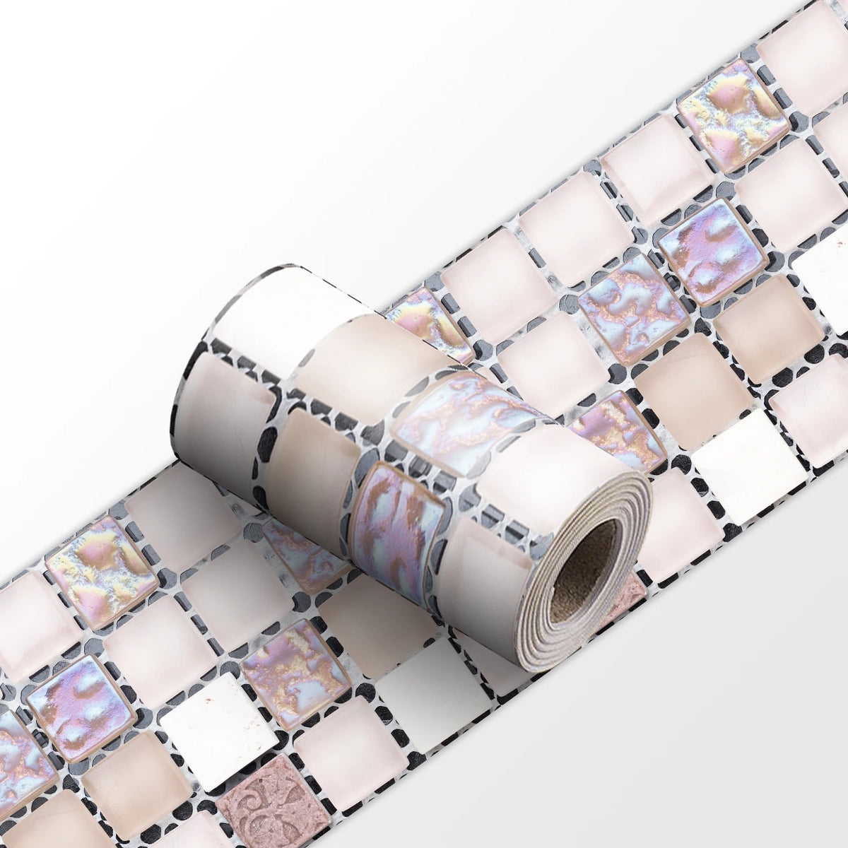 Mosaic tile wall sticker strip roll with pale pink iridescent square tiles and dark grout