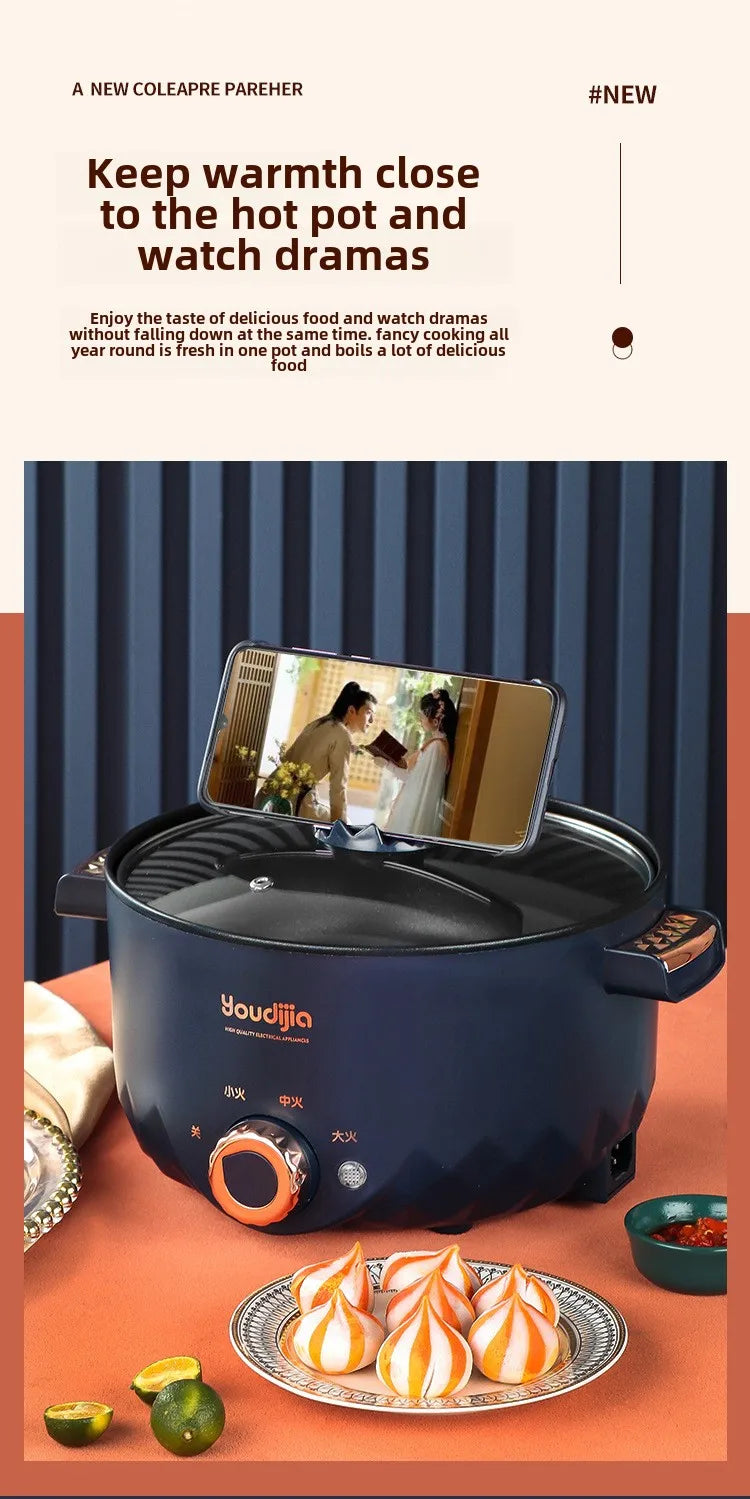 Non-stick electric hot pot multi cooker with glass lid and keep-warm design display