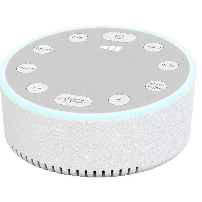 White sleep aid machine, round and gray, with tactile buttons for sound modes, volume, and timer for better sleep.