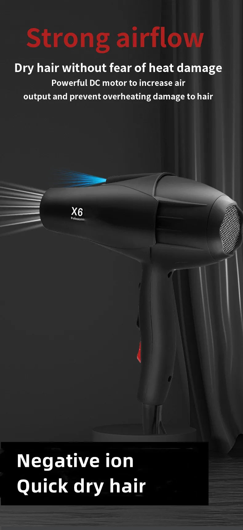 Black X6 professional 2400W hair dryer with concentrator nozzle for powerful, quick-drying, heat-safe salon results.