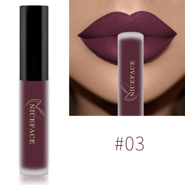 Niceface waterproof matte liquid lipstick in deep plum shade #03, showing long-lasting, smudge-proof lip makeup finish.
