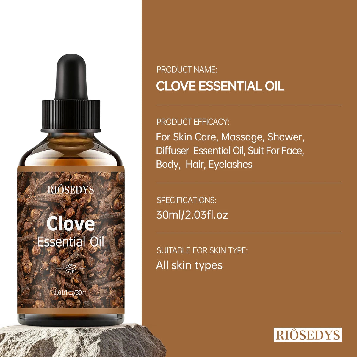 Clove essential oil, with a woody scent, is suitable for body massage and hair care, and can also be used in aromatherapy.