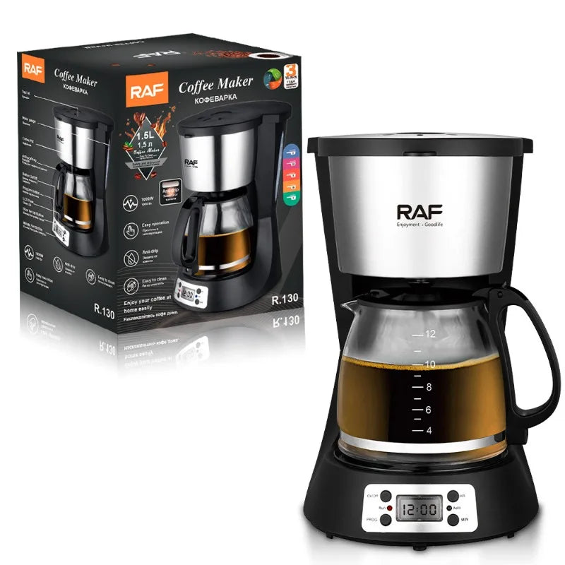 RAF 1.5L programmable coffee maker, black and stainless steel finish with glass carafe and digital display.