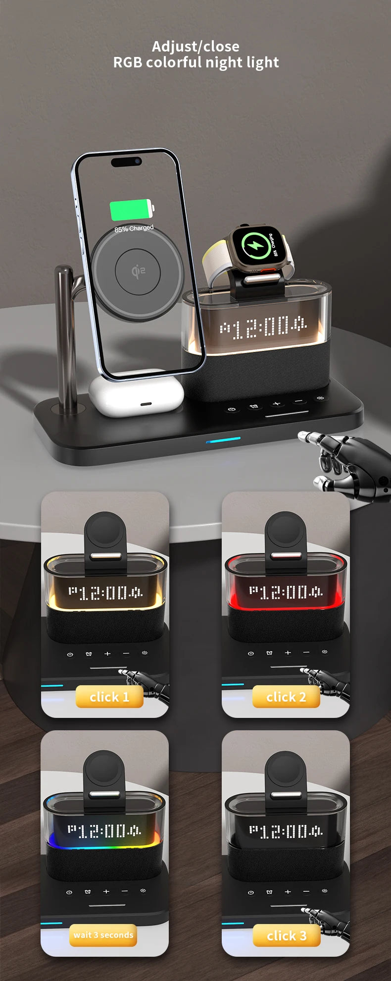 3-in-1 MagSafe Wireless Charger Station with RGB Alarm Clock Tidesmit