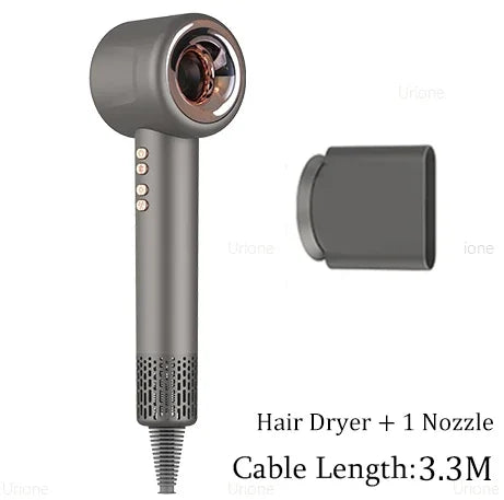 Grey leafless negative ion hair dryer with rose gold ring, one attachment nozzle, and 3.3m cable for salon styling.