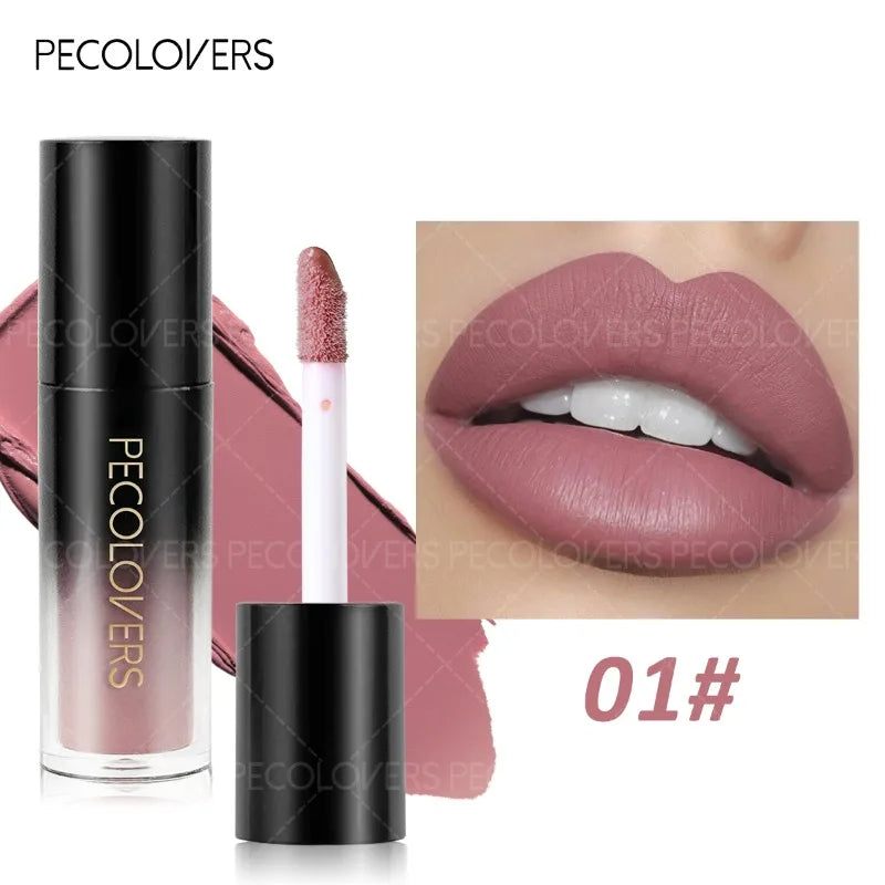 Pecolovers non-drying matte liquid lipstick in shade 01, a long-lasting mauve-pink hue with a smooth, plump finish.