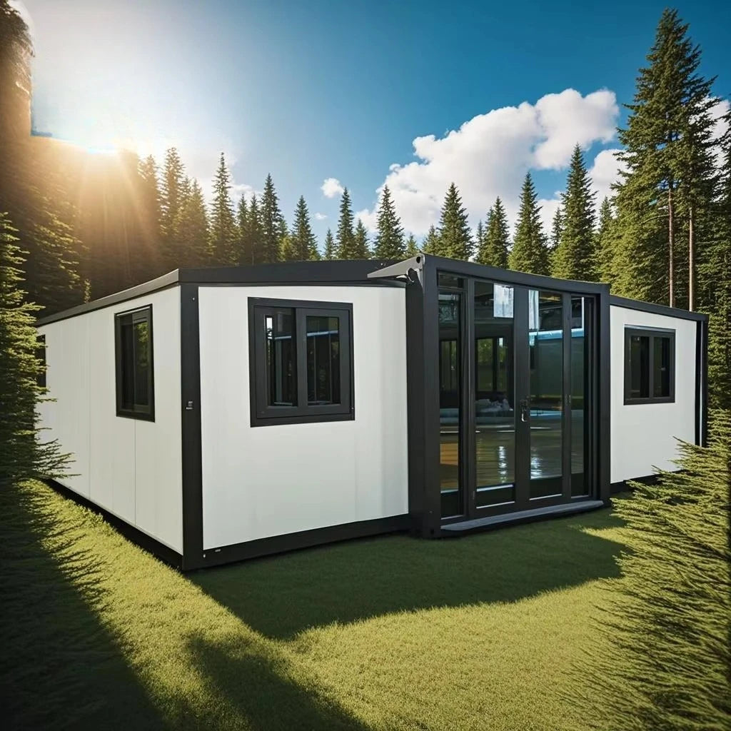 White and dark modular container house with black-framed glass doors and windows