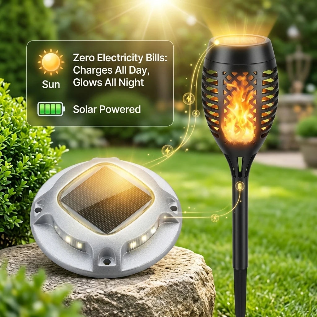 Solar Outdoor Lights Set: Flickering Flame Torch Lights & Round Warm White Ground Lights for Garden Pathway, Lawn Landscape Lighting, Waterproof LED S-Curve Path Guide Lights for Yard, Driveway, and Courtyard Night Atmosphere