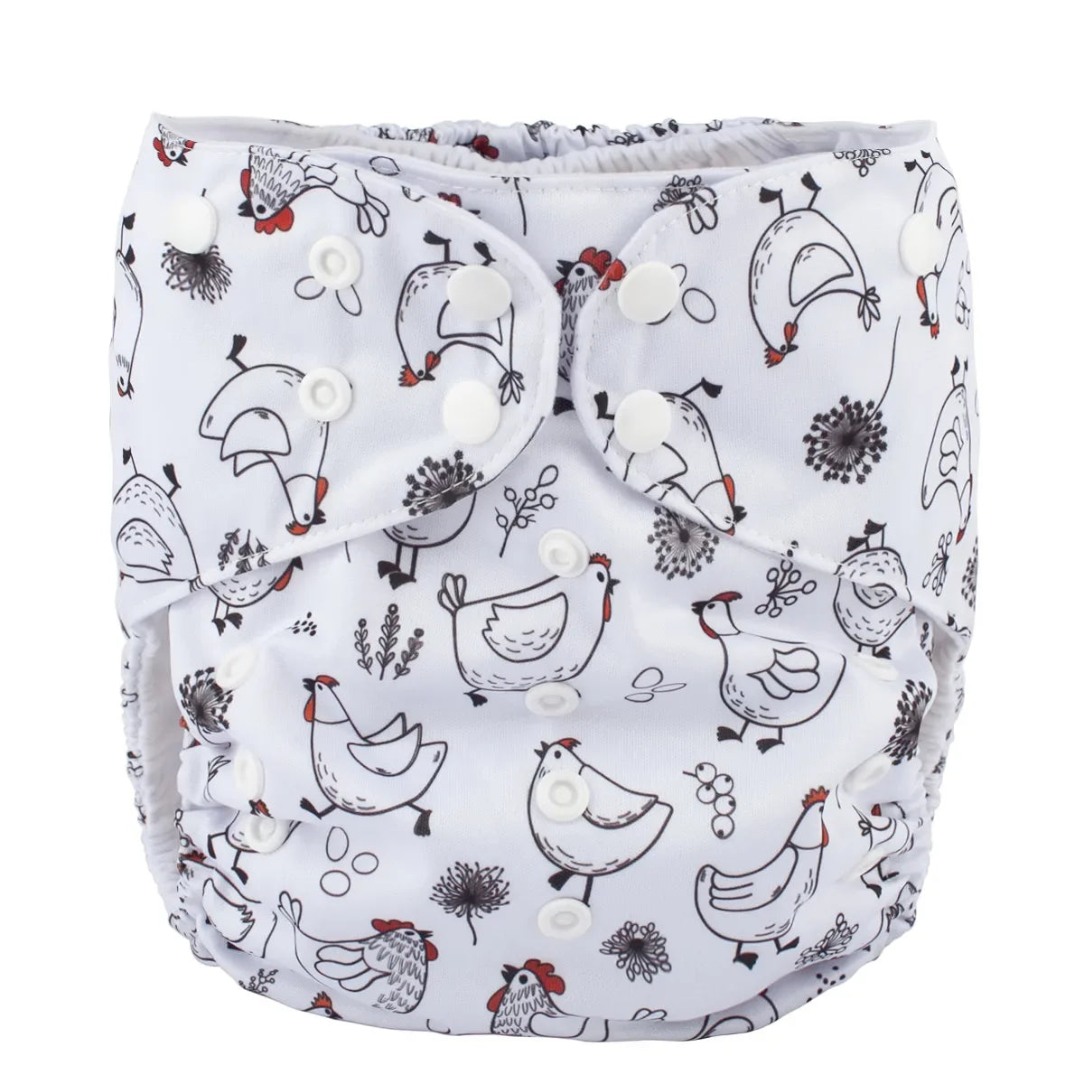 Reusable baby cloth diaper with white background and cute chicken print, featuring adjustable snap buttons.